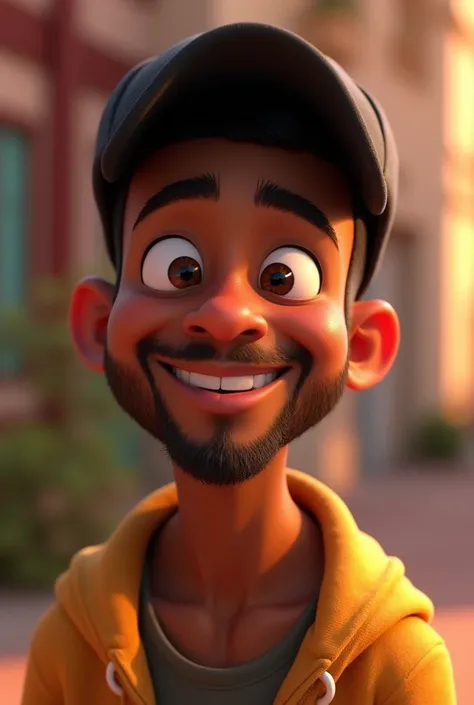 Young man of 20 years old, a little dark-skinned, with a short beard and small brown eyes, small nose, small ears wearing a black cap and smiling Disney Pixar 3d style