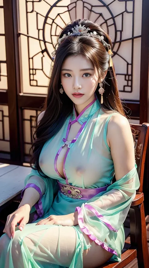 masterpiece, best quality, 1 girl, ((Large Breasts)， Long hair，(Alexandroid Colorful Mesh Nightdress，Radiant Skin, )，Looking at the audience, (precise、Perfect face shape:1.3)，（Beautiful fingers），(Crotch front display)，Ultra HD，Ray Tracing,，reflected light，...