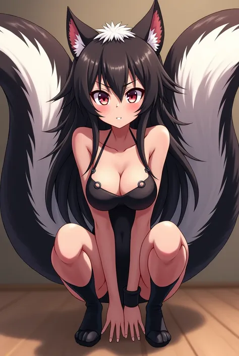 anime skunk woman squatting with her legs spread open facing the camera in a seductive pose