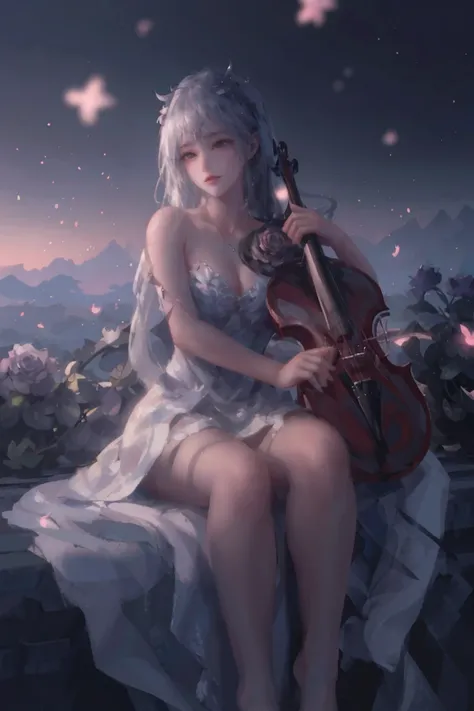 Raw, cinematic shot, (sharp focus:1.5), (photorealistic:1.4), twilight lighting, volumetric lighting, ultra high res, 16K,dramatic lighting, 1girl, solo, long hair, violin, instrument, black eyes, dress, white dress, white hair, looking at viewer, light pa...