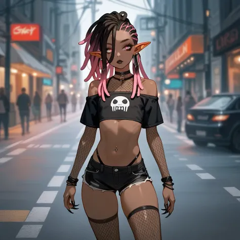 Best quality, highly detailed, ultra detailed, 1 brown skin boy, flat chest, male chest, slim curvy body, long pink dreadlocks, pink eyes, pointy elf ears, sharp nails, black lipgloss, goth, black oversized crop top, black shorts, fishnets, big butt, stand...