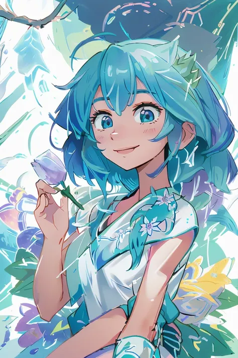 1girl, in a serene forest clearing with soft sunlight filtering through the trees, (smiling gently), holding ((((flower of ice)))), soft pastel colors, (intricate shading), ((perfect linework))