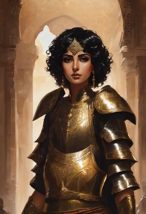 Arabian girl, short black curly Hair, in bronce armour, grimly