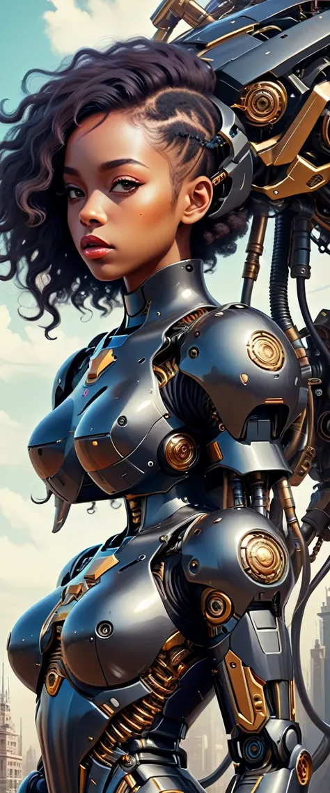 Intricate illustration in surrealist art style，mecha girl，Black Girl