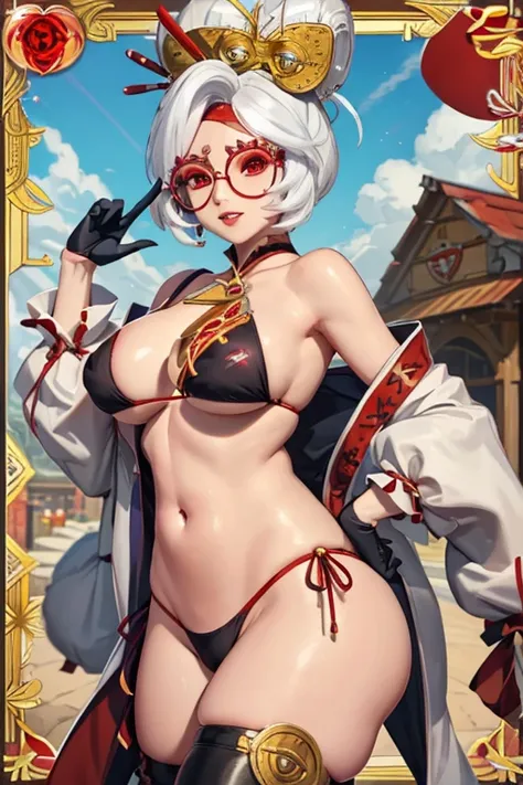 tradong card of, purah, white hair ,aura red glasses, hair ornament, red eyes, earrings ,lipstick, eye shadow , dark purple bikini, Mage (bikini warriors) ,black thigh-high boots, black elbow gloves,
