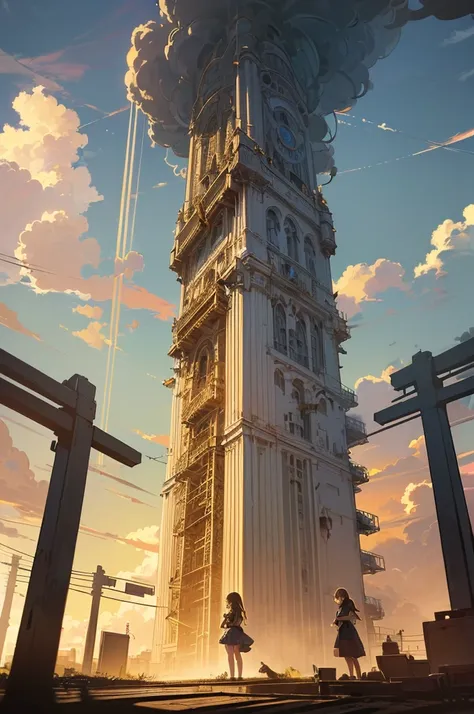 extremely detailed, 8k, highest resolution, (outdoor, old subway train station, 1 teenage girl, standing on the ground, looking up to a tall timber tower,(sky golden day, clouds circling a tornado,) (dynamic angle: 1.5, directly below, shot: 1.5, directly ...