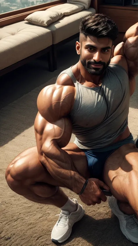 seductive indian handsome in tee shirt and thongs with white cap, far shot from above view! Hairy chest muscles! Furry armpits！Someone is watching next to it. , sexy digital art, tight tee shirt and thongs, casual shoes with sport socks, standing in gym wi...