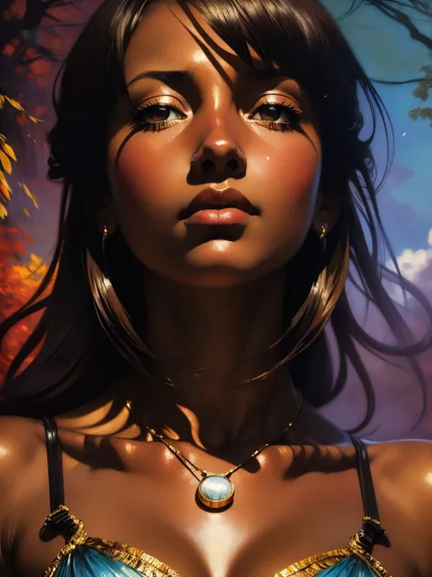 ((Solo Beautiful Carribean woman with dark skin and striking eyes)),  shadowed interior background, art by akihiko yoshida, manga art style, colorfield illustration, scary atmosphere, global illumination, by frank frazetta, art by goro fujita, glamor shot,...