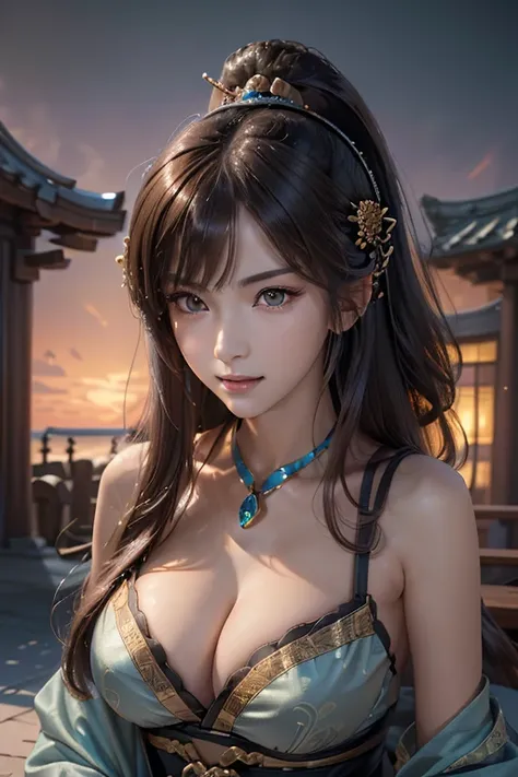 Love Hime † WushuangのHe Jin、Love Hime † Wushuang,He Jin,Three Kingdoms,Brown eyes、Long Hair、Brown Hair,ponytail、Ample breasts、Captivating look、Sexy Eyes、Huge breasts、smile、cute、Long Hair、 、 (Realistic:1.2)、 (Full Shot: 1.2)、 (realism)、 (masterpiece:1.2 ), ...