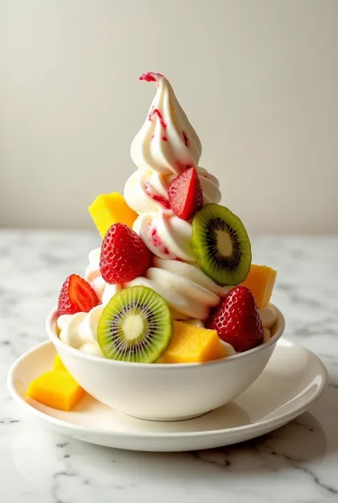 Soft ice cream with fruits strawberries kiwi mango pineapple and 100 toopings% natural  