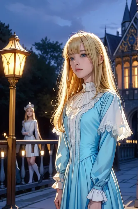 Virginia Otis, 13 years old (Blonde, blue eyes), thin, Cute Face, An evening stroll at Canterville Castle (novel「ghost of canterville」Inspired by). 1887, Victorian Dark Fantasy