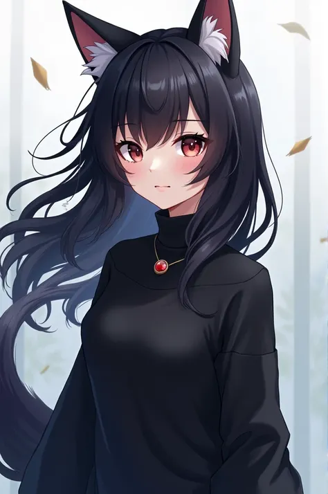 female character, black hair, black wolf ears, black tail, dressed in a black sweater,anime version