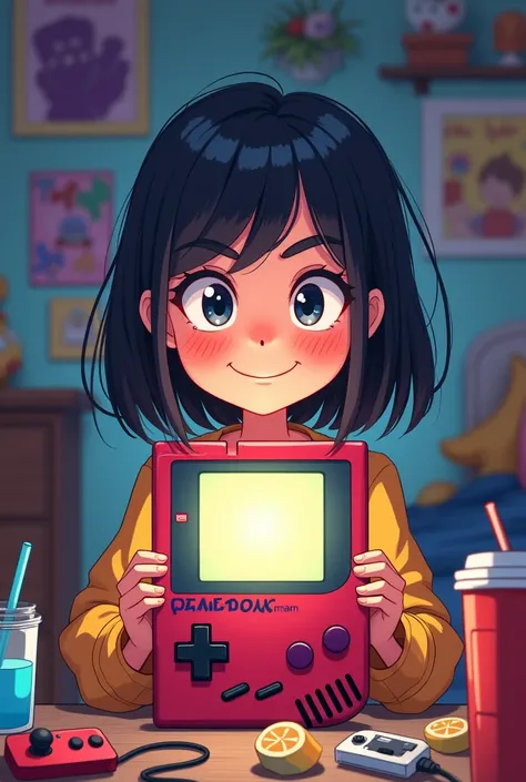 A game boy with a slightly crazy cheerful gamer girl with straight hair 