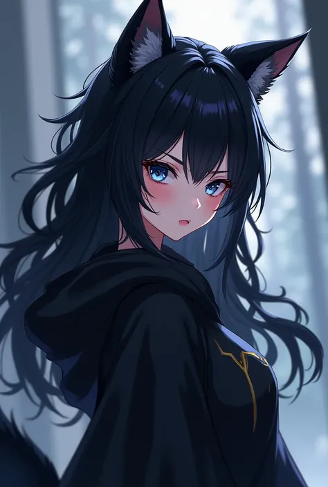 female character, black hair, black wolf ears, black tail, dressed in a black sweater,anime version