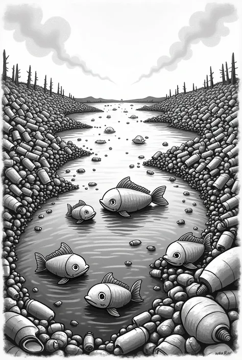 Editorial cartoon about fish not longer having a habitat because of water pollution because people throw trash on the water black and white drawing 
