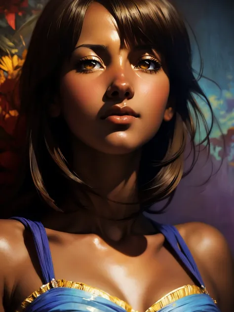 ((Solo Beautiful Carribean woman with dark skin and striking eyes)),  shadowed interior background, art by akihiko yoshida, manga art style, colorfield illustration, scary atmosphere, global illumination, by frank frazetta, art by goro fujita, glamor shot,...