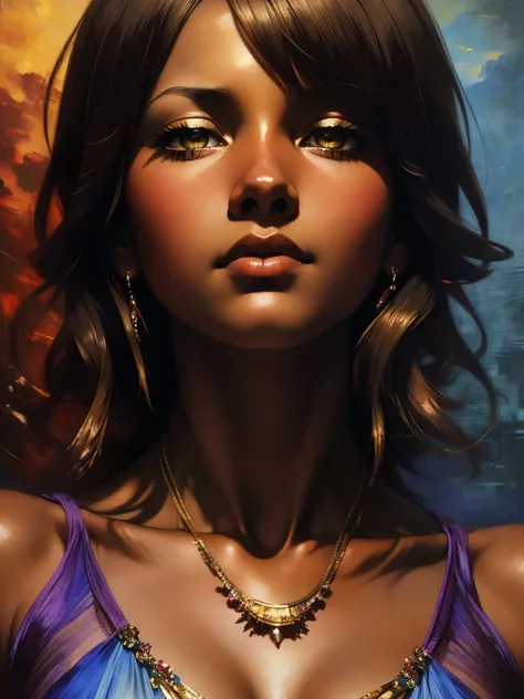 ((Solo Beautiful Carribean woman with dark skin and striking eyes)),  shadowed interior background, art by akihiko yoshida, manga art style, colorfield illustration, scary atmosphere, global illumination, by frank frazetta, art by goro fujita, glamor shot,...