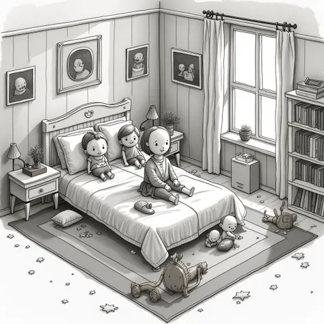 Create a fantasy illustration with watercolor technique, of a  playing in her room with her dolls. the drawing should look like the comics. the illustration should look minimalist. Let the strokes be organic, imperfect as if a human had made them. Make the...