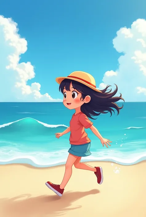 Cartoon girl walking and having fun by the sea