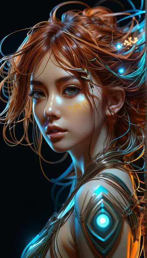 mulher ruiva bonita, shoulder length messy hair, corpo inteiro,  bonita do estilo do waifu do anime, pintura hiperdetalhada, Luminismo, arte por Carne Griffiths e Wadim Kashin arte conceitual, 4k resolution, fractal isometrics details bioluminescence , 3D-...