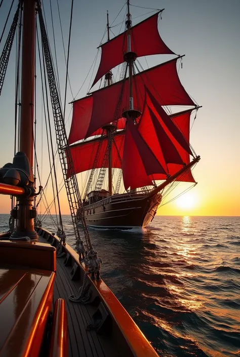 A photograph of an old sailing ship with red sails on the ocean during sunset, from behind the bow and with white rope, in the style of key west.