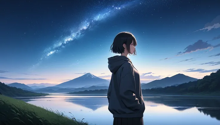 Starry Sky、One woman、Black Hair、Short Hair、Hair swaying in the wind、profile、Wearing a hoodie、Back view、Full body portrait、Overlooking a huge lake