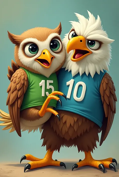 Cute owl with a green blouse with the number 15 crushing with its feet the head of an eagle in a blue blouse with the number 10 with. anger 