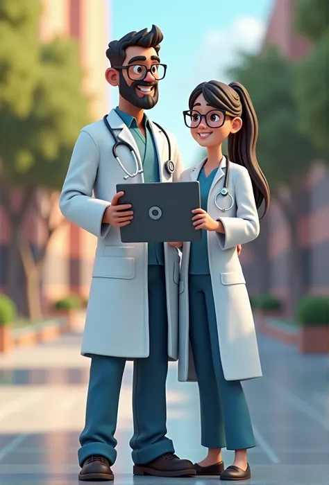 arafed male holding big tv monitor and female doctor standing next to each other, medical doctor, doctor, labcoats, wearing a labcoat, medium shot of two characters, wearing lab coat, wearing lab coat and glasses, wearing a lab coat, wearing a white lab co...