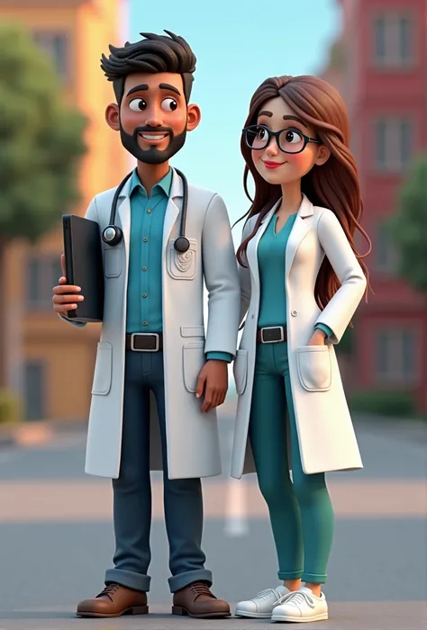 arafed male holding big tv monitor and female doctor standing next to each other, medical doctor, doctor, labcoats, wearing a labcoat, medium shot of two characters, wearing lab coat, wearing lab coat and glasses, wearing a lab coat, wearing a white lab co...