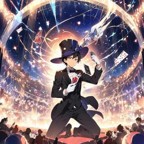 A man，His profession is a magician，Wearing a black tuxedo，Wear a magic hat on your head，Wearing white gloves，Holding the Ace of Hearts card，Perform magic tricks on stage。Mid-ground composition，Full body pictures，Anime illustration style，HD，4K。