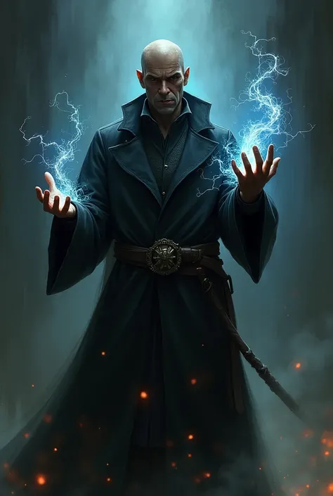 Dark wizard with short-sleeved overcoat, slightly bald, clean-shaven, brown skin 