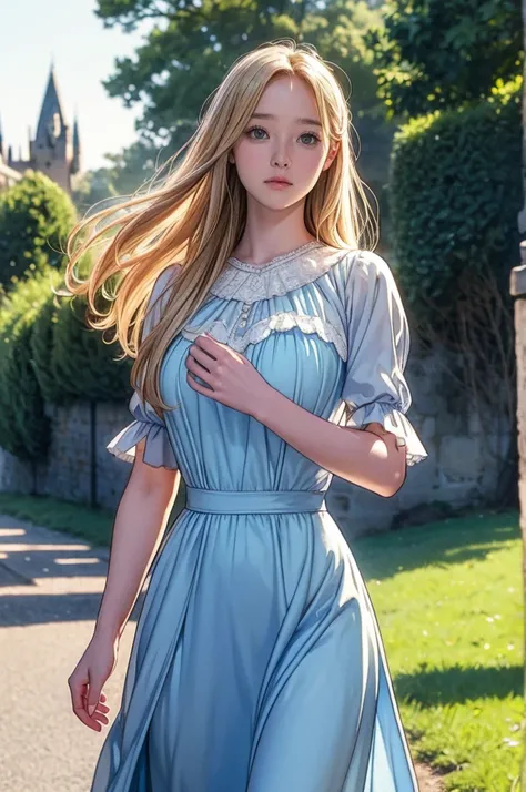 Virginia Otis, 13 years old (Blonde, blue eyes), Large Breasts, thin, Cute Face, An evening stroll at Canterville Castle (novel「ghost of canterville」Inspired by). 1887, Victorian Dark Fantasy