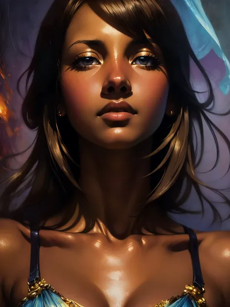 ((Solo Beautiful Carribean woman with dark skin and striking eyes)),  shadowed interior background, art by akihiko yoshida, manga art style, colorfield illustration, scary atmosphere, global illumination, by frank frazetta, art by goro fujita, glamor shot,...