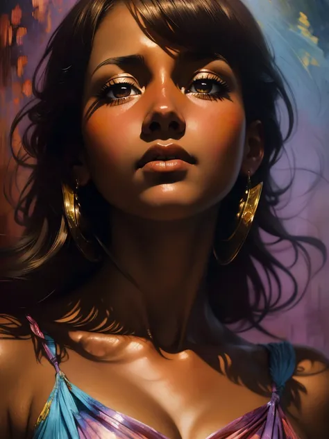 ((Solo Beautiful Carribean woman with dark skin and striking eyes)),  shadowed interior background, art by akihiko yoshida, manga art style, colorfield illustration, scary atmosphere, global illumination, by frank frazetta, art by goro fujita, glamor shot,...