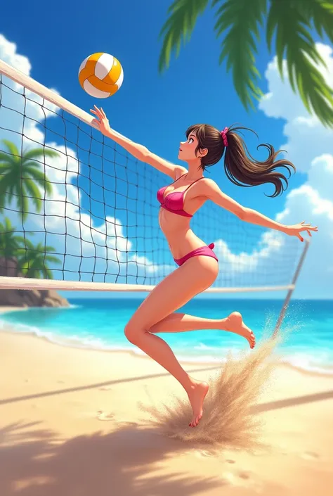 Anime girl bikini playing beach volleyball 