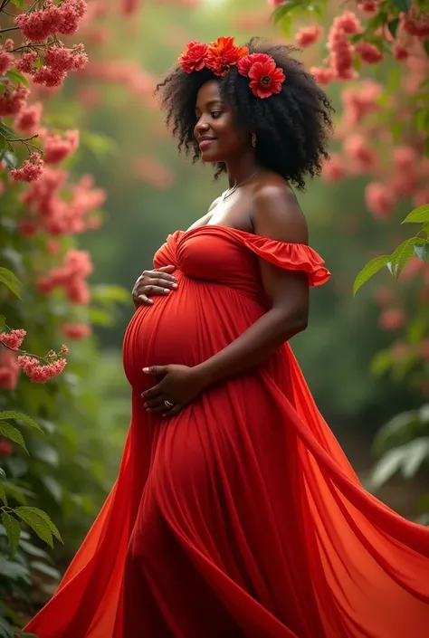 A pregnant African American woman wearing  a red flowing dress and red flower accessories 