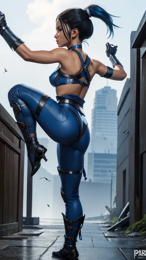 Kitana, (Mortal Kombat), ninja girl, powerful, blue classic sexy suit, ninja suit, ninja mask, botas adornadas, Young, skynny body, small and beautiful buttocks, toned abdomen, small and beautiful breasts, sensual, pose de artes marciales, patada alta, kic...