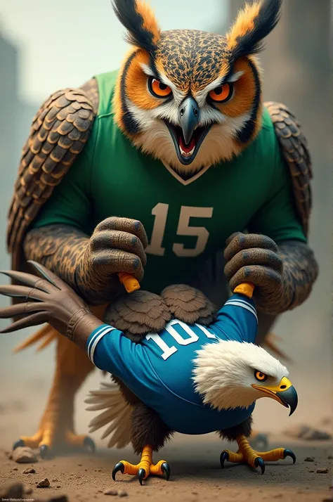 An extremely angry owl wearing a green shirt with the number 15 on it, stepping hard and angrily on an eagle wearing a blue shirt with the number 10 on it.