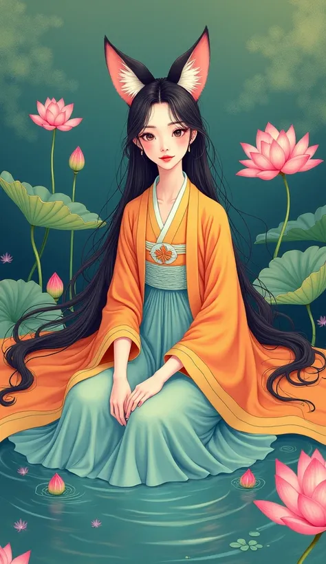 [Core Concept] Surreal, highly detailed, hand-drawn portrait of a 16-year-old girl in vibrant Han-style clothing.

[Character Description] A sensual, fox-eared young woman with flowing, ethereal hair sits in a tranquil lotus pond, her colorful Han-style ga...