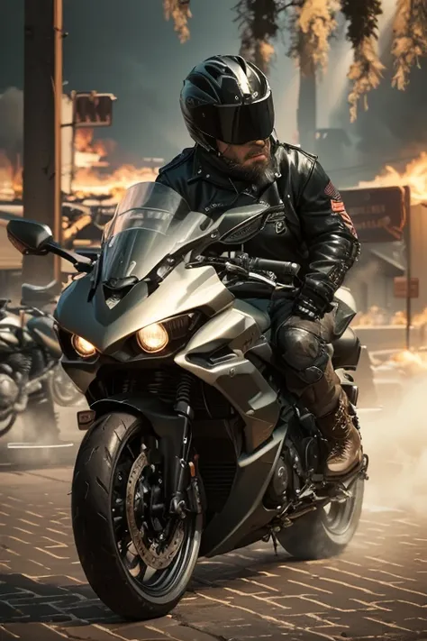 [Core Concept] A rugged, muscular biker riding a powerful chopper motorcycle.

[Character Description] A heavily built, imposing figure with a grizzled, weathered face and a commanding presence. Dressed in a black leather jacket, sturdy boots, and worn jea...