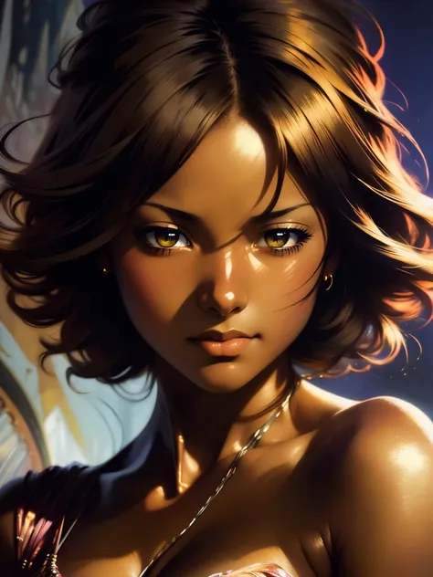 ((Solo Beautiful Carribean woman with dark skin and striking eyes)),  shadowed interior background, art by akihiko yoshida, manga art style, colorfield illustration, scary atmosphere, global illumination, by frank frazetta, art by goro fujita, glamor shot,...