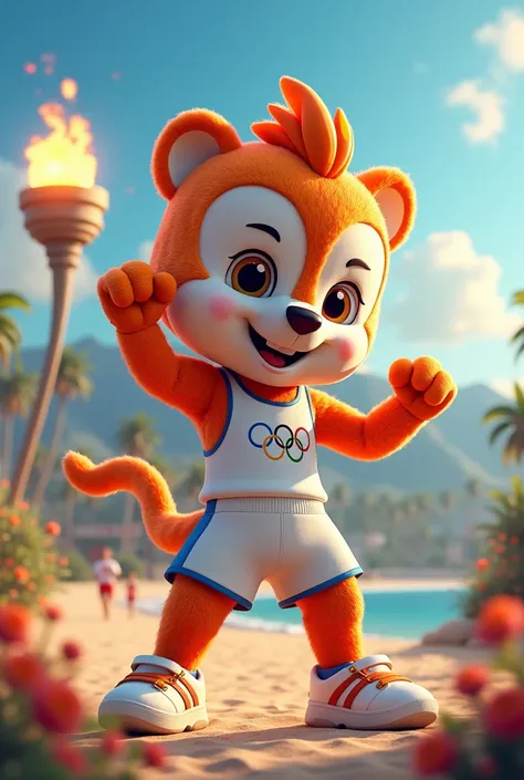 masterpiece, best quality, super detailed, Create the official mascot character for the Olympic Games to be held in Los Angeles in 2028, character name board, Olympic symbols