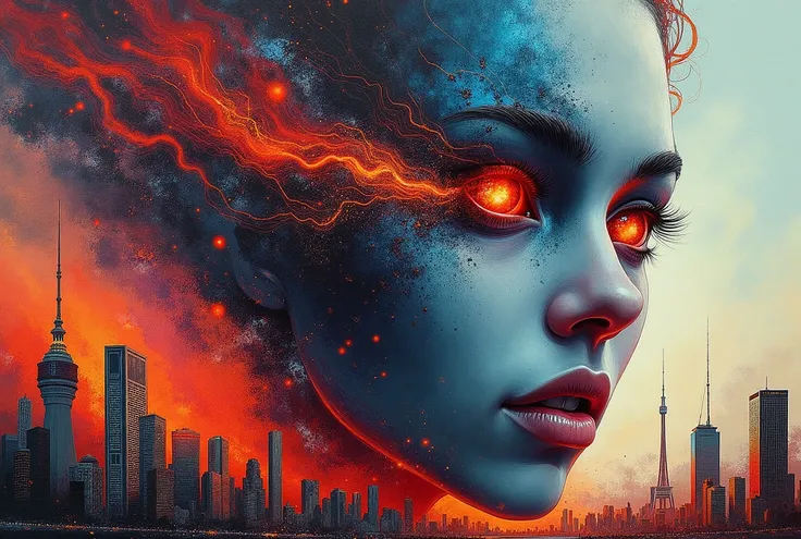 Abstract face in a city landscape, Mark English (Mark English) A realistic painting of , [:Anime Line Art:0.2], Celestial Bodies、hot、thunder、Water Theme, Epic splash art , The Art of Self-Destruction, , Abstract