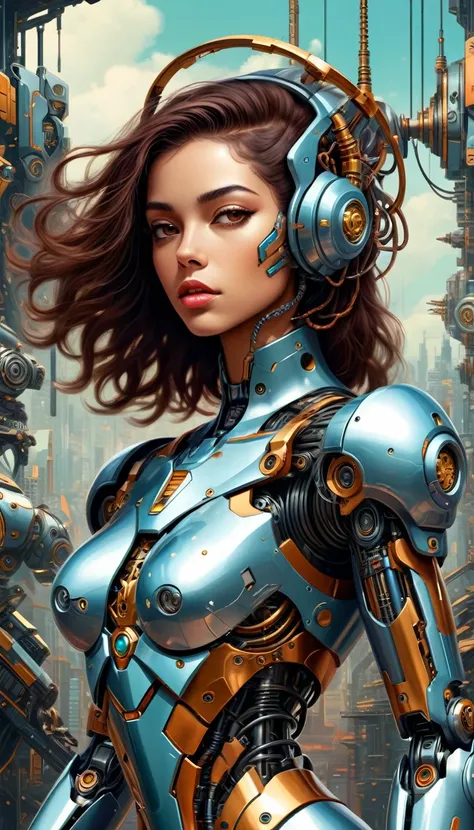 Intricate illustration in surrealist art style，mecha girl，Brazilian women, Brazilian style cyborg, full background