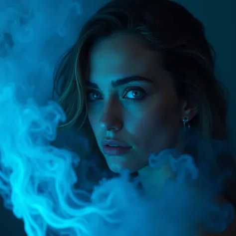 A majestic work of art, a commissioned woman, intricately detailed, with an intense, piercing gaze emanating from her singular, striking eye, set against a backdrop of ethereal, swirling blue smoke that appears to shift and undulate as if alive, illuminate...