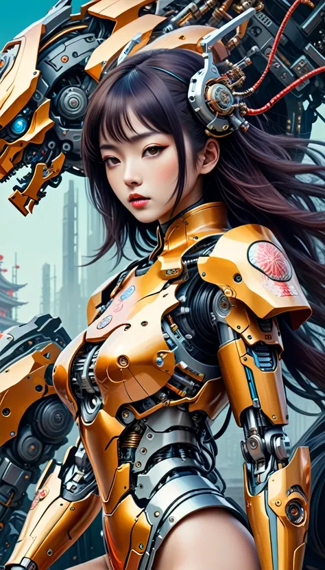 Intricate illustration in surrealist art style，mecha girl，Japanese women, Cyborg in Japanese culture style, full background