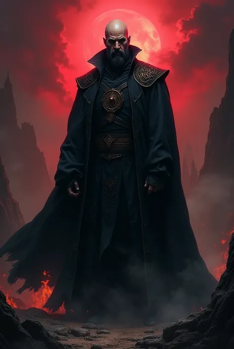 Bald dark wizard with black short-sleeved overcoat and black beard 