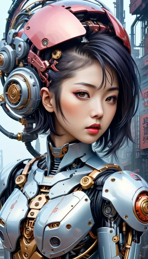 Intricate illustration in surrealist art style，mecha girl，Japanese women, Cyborg in Japanese culture style, full background