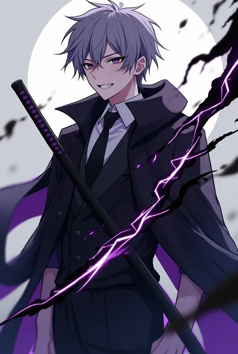 Create for me a character with monochrome, one eye is purple and the other is gray, his hair is gray with a small streak of black, he makes him smile with wolf fangs, the character is male and I want it in the anime style, now make him full body with the s...