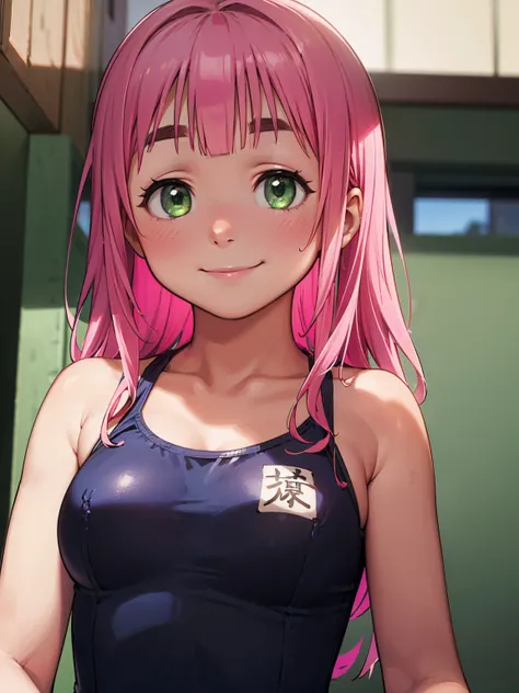 8K quality,(super masterpiece:1.3),Highest quality,Detailed Images,1 female,symmetrical beauty,10th Generation,Medium build,(smile,smile),(Pink Hair,Long Hair),(Thick eyebrows,Thick eyebrows),(Droopy eyes,Green Eyes,Green Eyes,Bright Eyes),(Large Breasts,F...